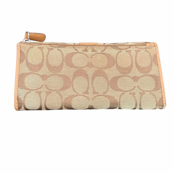 Coach Signature Canvas Tan Leather Trifold Wallet Khaki Beige - Picture 2 of 12